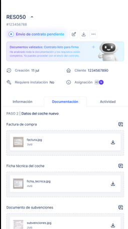 Ficha de un expediente con su documentación validada y lista para enviar el contrato