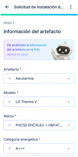 App móvil: datos del equipo instalado rellenados a partir de una foto