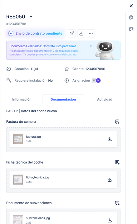 Ficha de un expediente con su documentación validada y lista para enviar el contrato